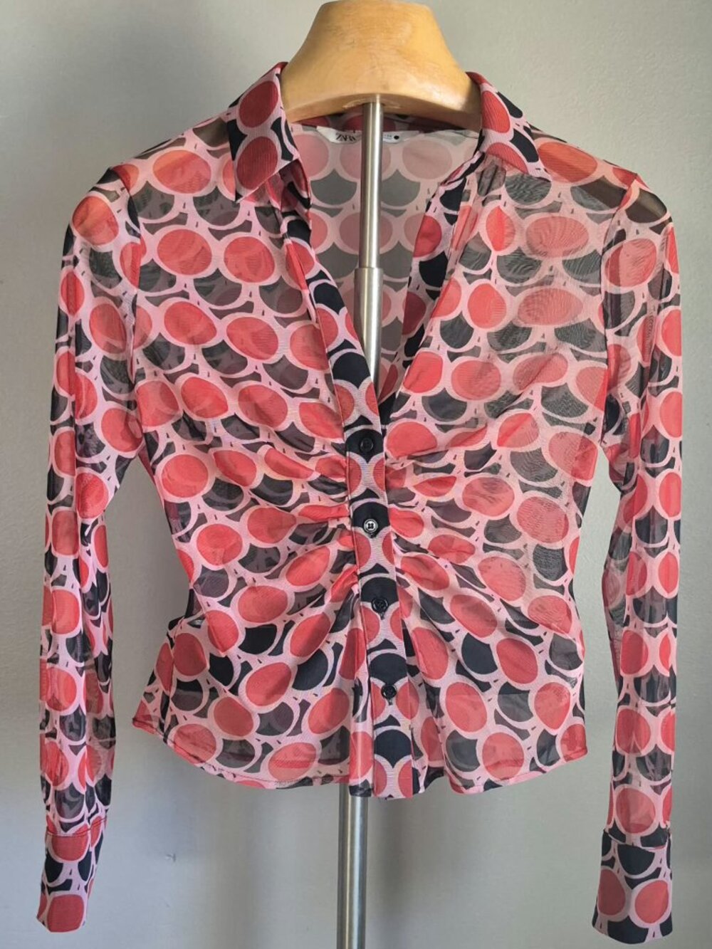 Zara Sheer Mesh Retro Print Ruched Shirt